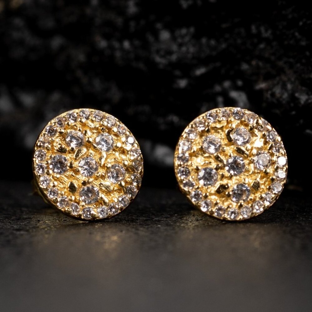 Circle Yellow Gold Plated Iced Round Nugget Hip Hop Stud Screw Back Earrings